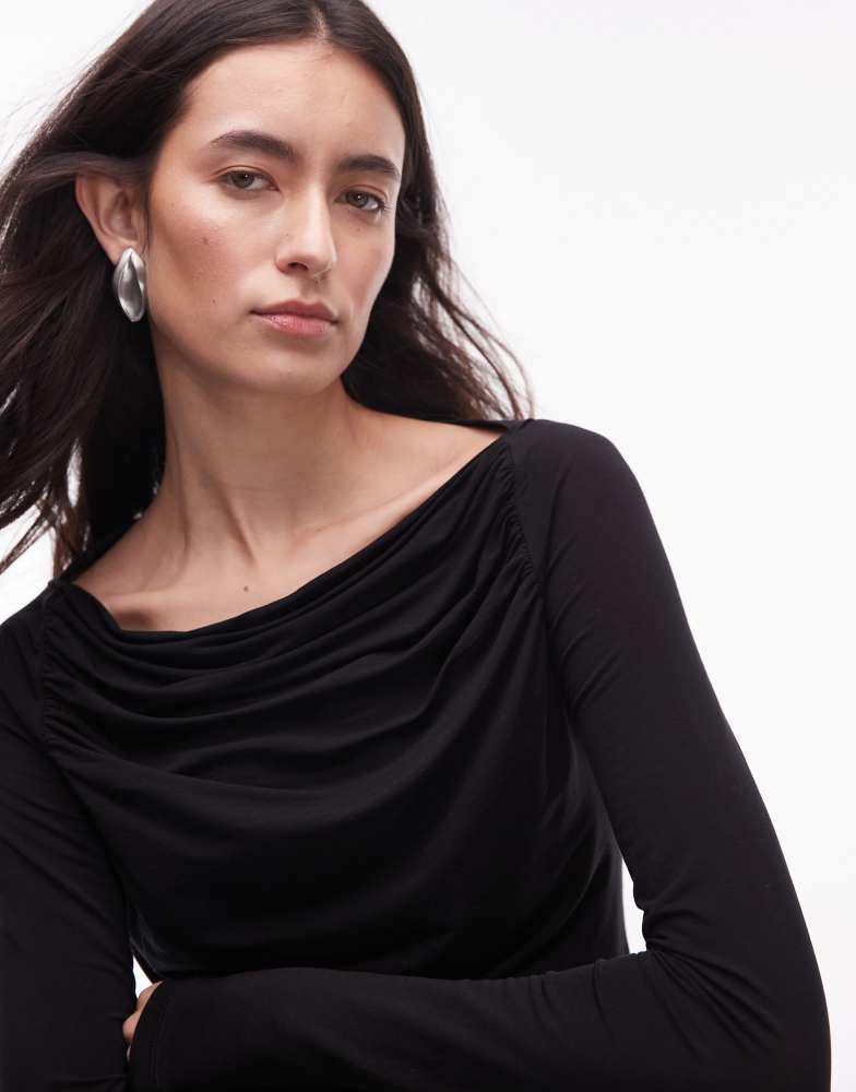 & Other Stories & Other Stories supersoft jersey ruche boat neck top with long sleeves in black