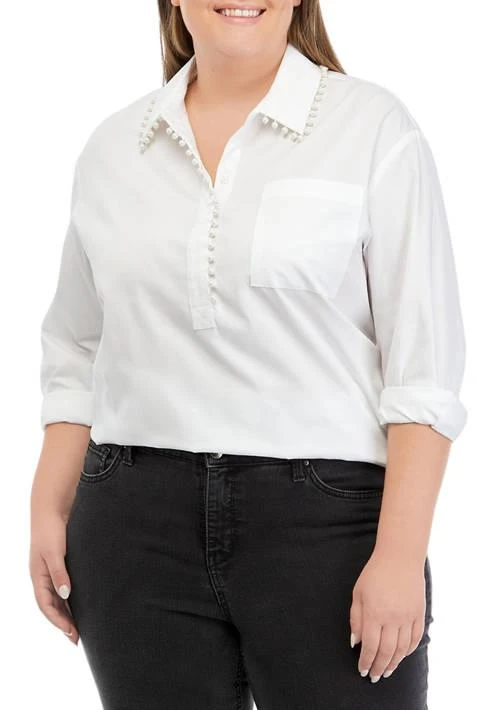 Crown & Ivy™ Ivy Plus Size Pearl Trim Woven Popover Top 1