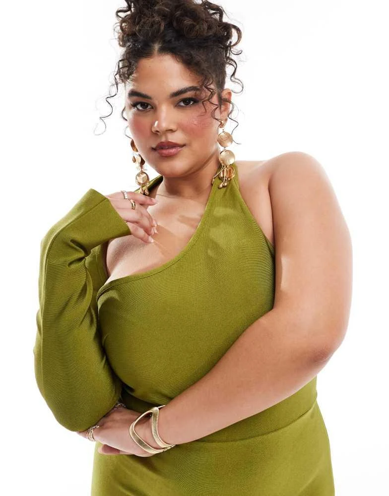ASOS ASOS DESIGN Curve bandage wrap around neckline one sleeve midi dress in green 4