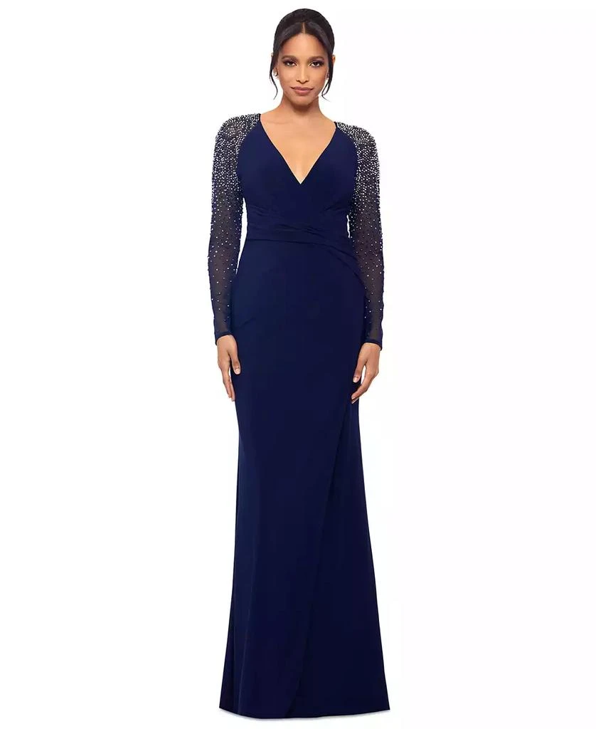 Betsy & Adam Petite Mesh-Sleeve V-Neck Evening Gown 1