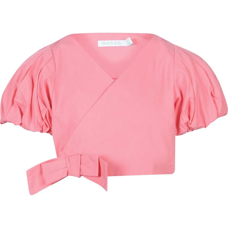 Abel & Lula Puffed sleeves poplin blouse and ruffled tulle skirt set in pink and jade green 2