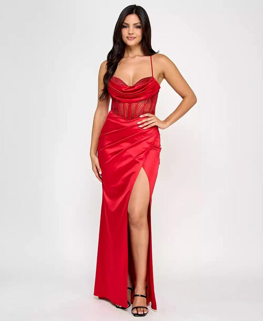 B Darlin Juniors' Beaded Satin Corset Bodycon Dress, Created for Macy's 1