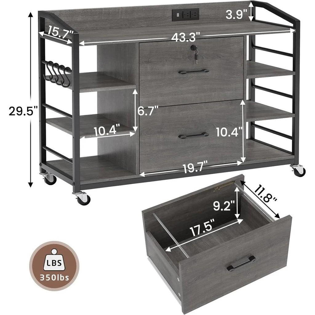 Hivvago Grey Printer Stand Bookcase Power Station Mobile Office File Cabinet 3
