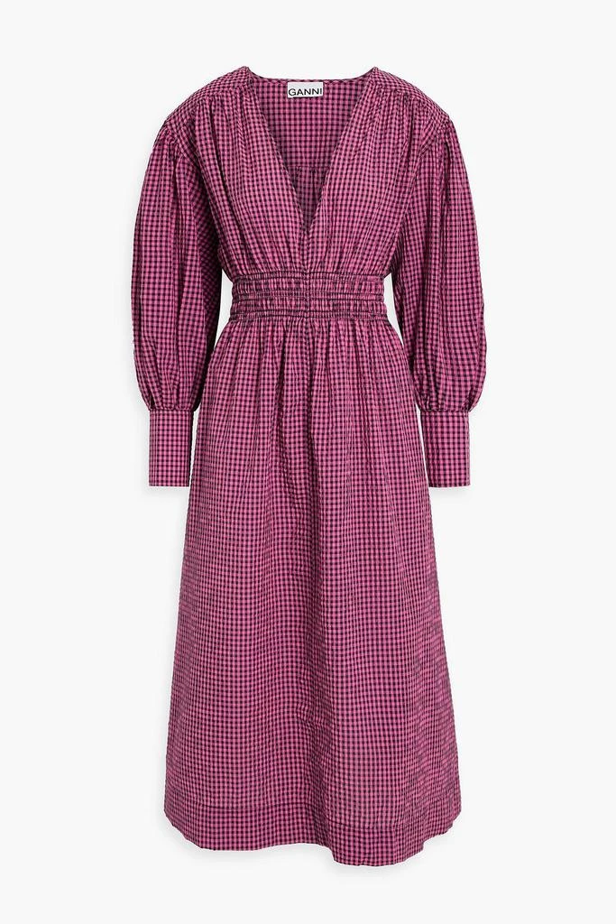 Ganni Shirred gingham seersucker midi dress 1