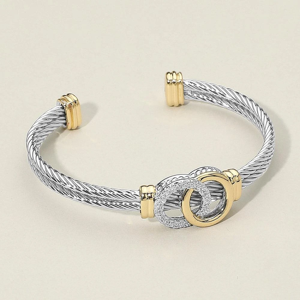 FASHNZFAB 14K Gold Plated Two Tone CZ Stone Paved Interlocking Accent Double Row Cable Cuff Bracelet
