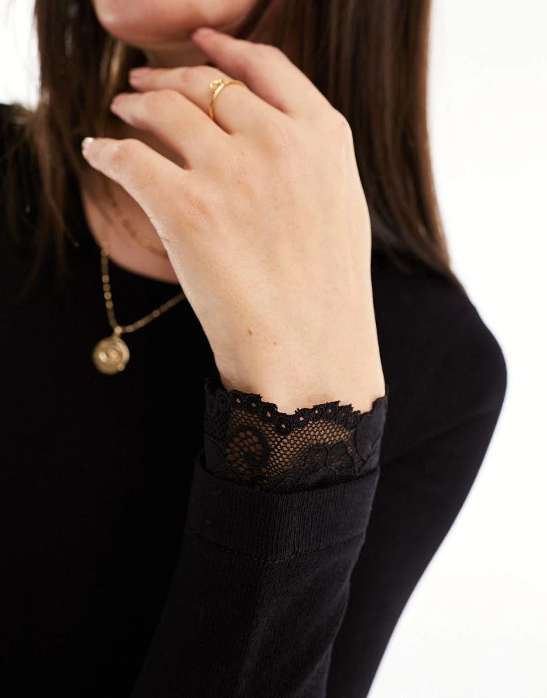 Y.A.S. Y.A.S knitted fit and flare mini dress with lace cuff detail in black 2