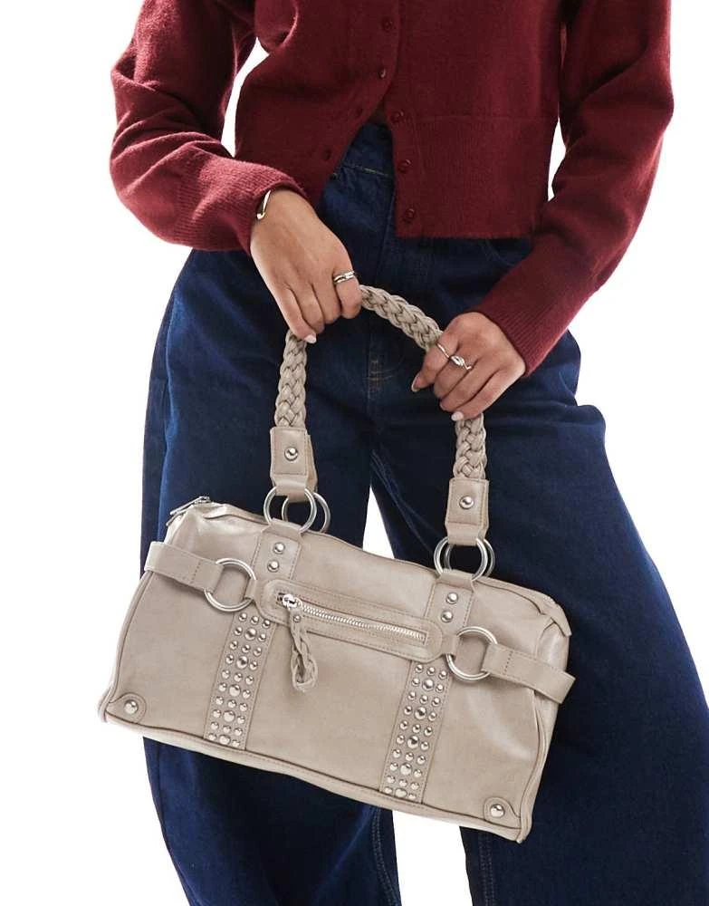 Bershka Bershka city bag with stud detail in beige 3