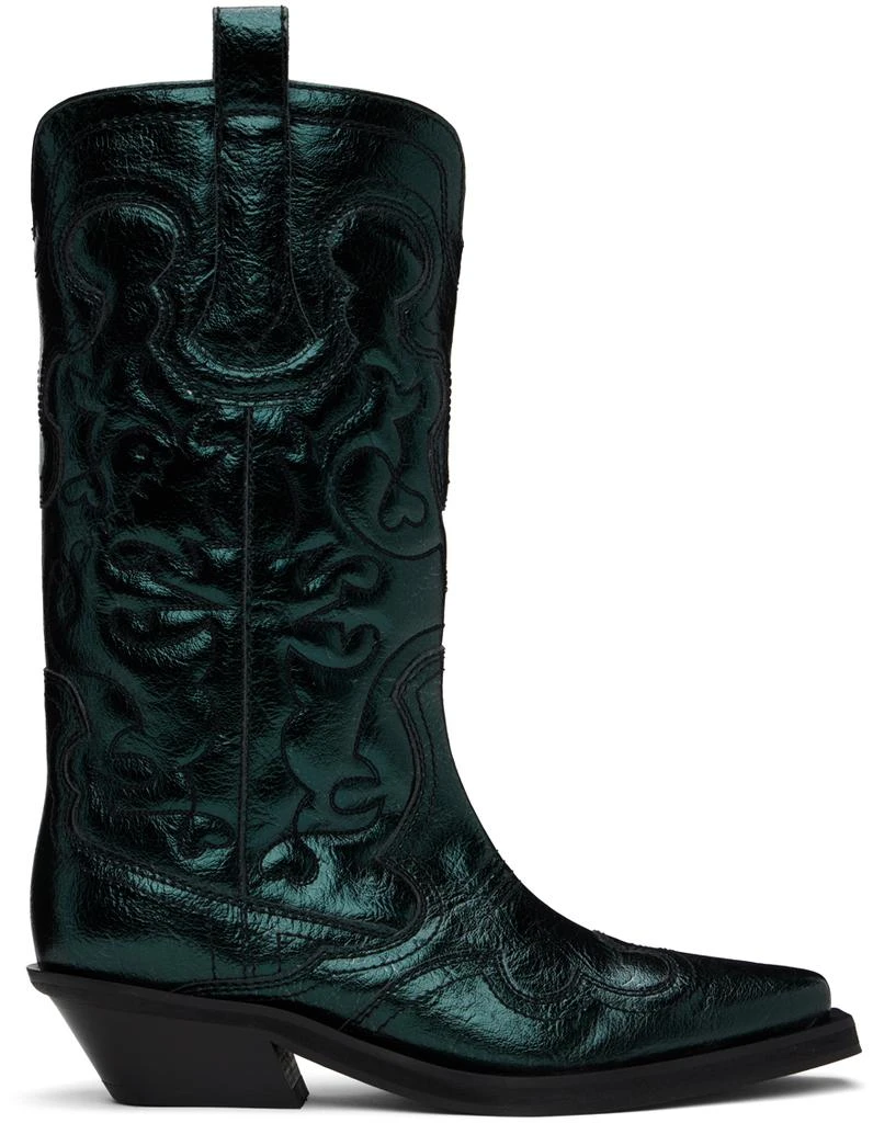 Ganni Green Metallic Mid Shaft Embroidered Western Boots 1