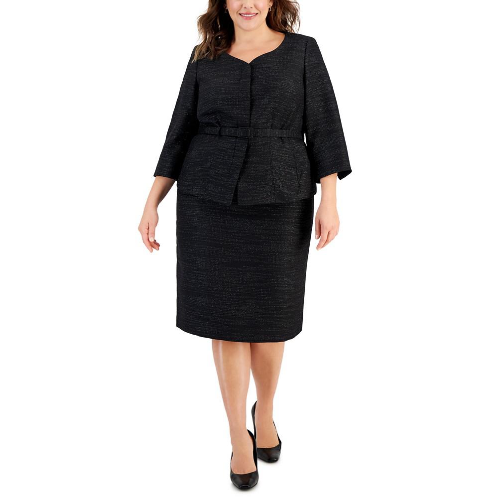 Le Suit Plus Size Metallic Tweed Belted Jacket & Pencil Skirt Suit