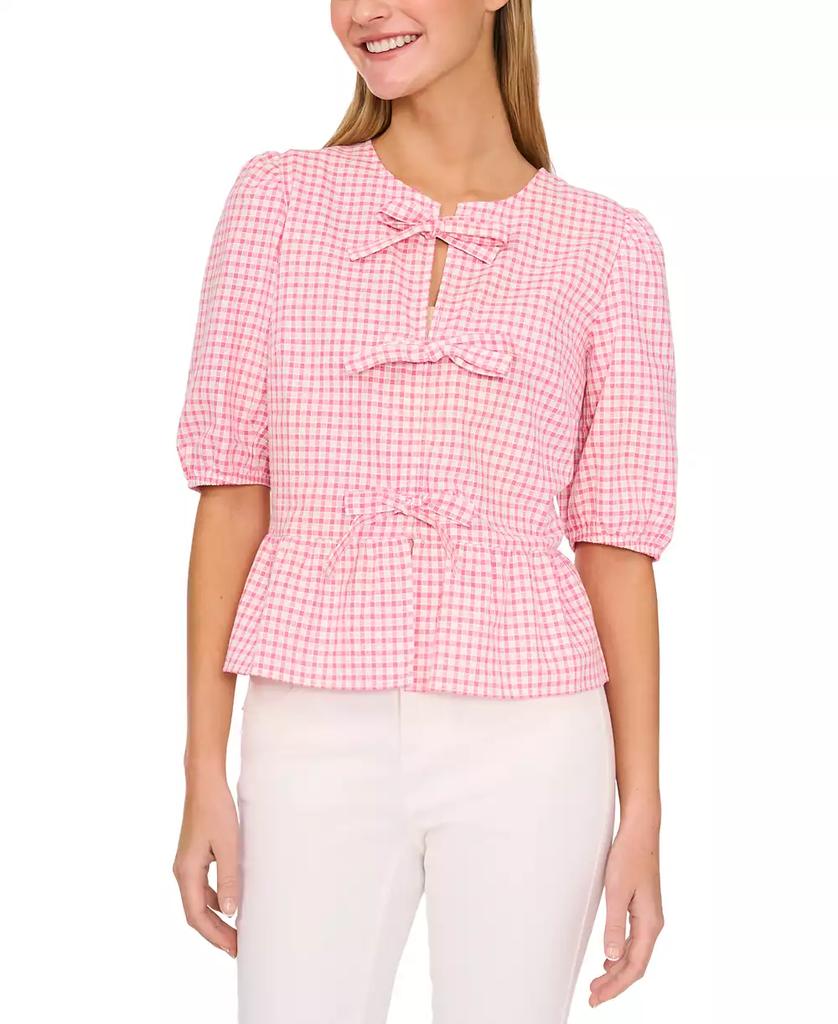 CeCe Women's Gingham Bow-Front Peplum Top