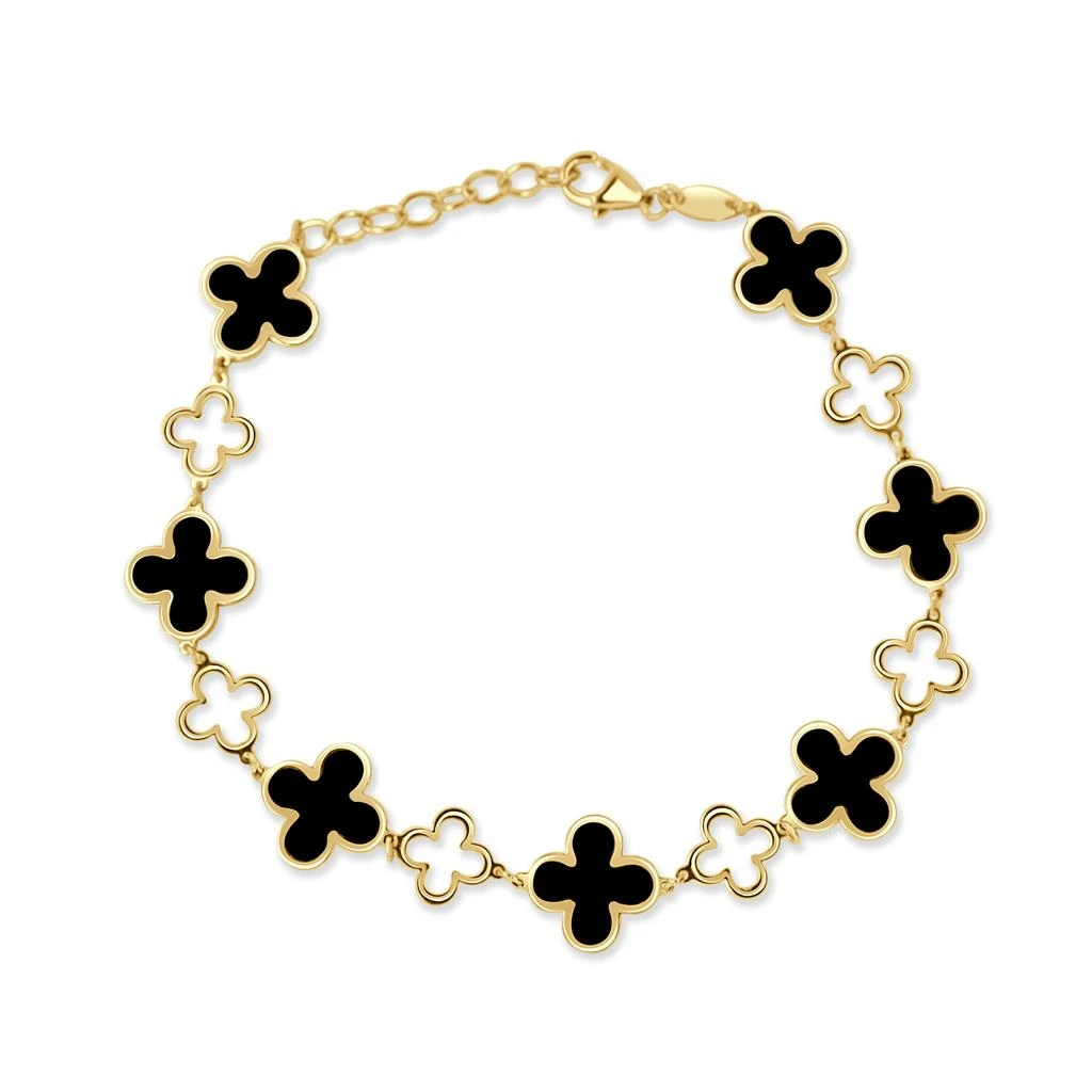 Italian Gold 14K Yellow Gold Alternating Clover 
Open Clovers All The Way Around  Bracelet  - Onyx