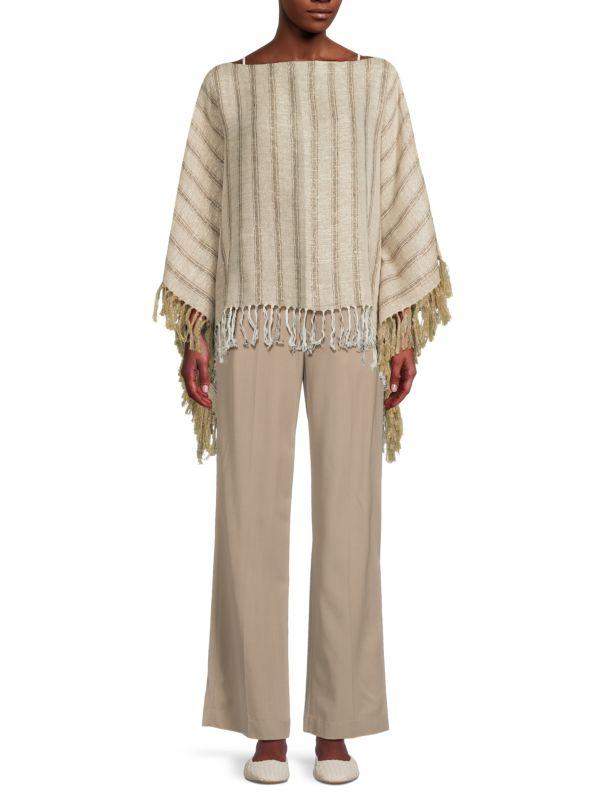 Brunello Cucinelli Linen-Blend Striped Fringe Poncho