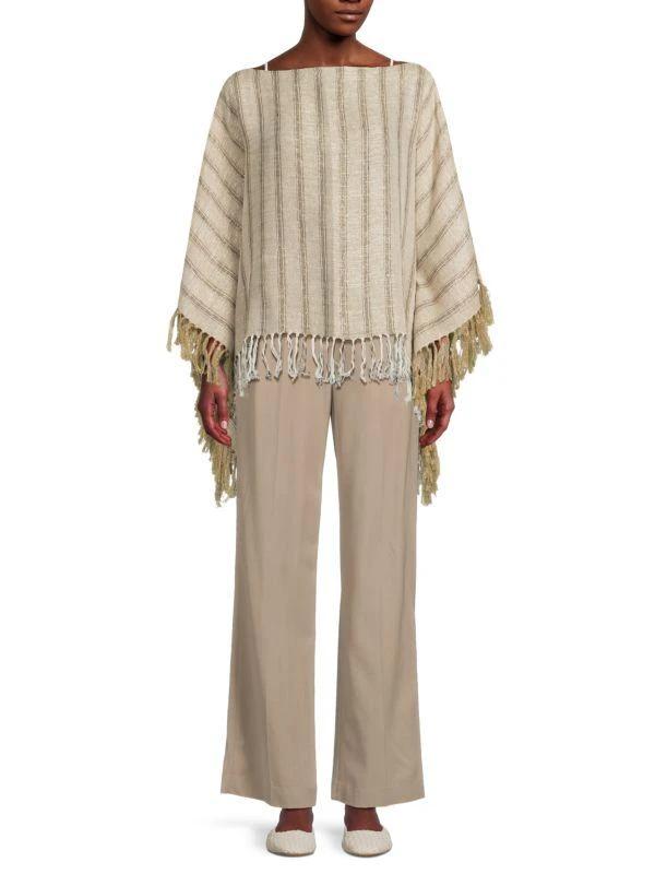 Brunello Cucinelli Linen-Blend Striped Fringe Poncho 1
