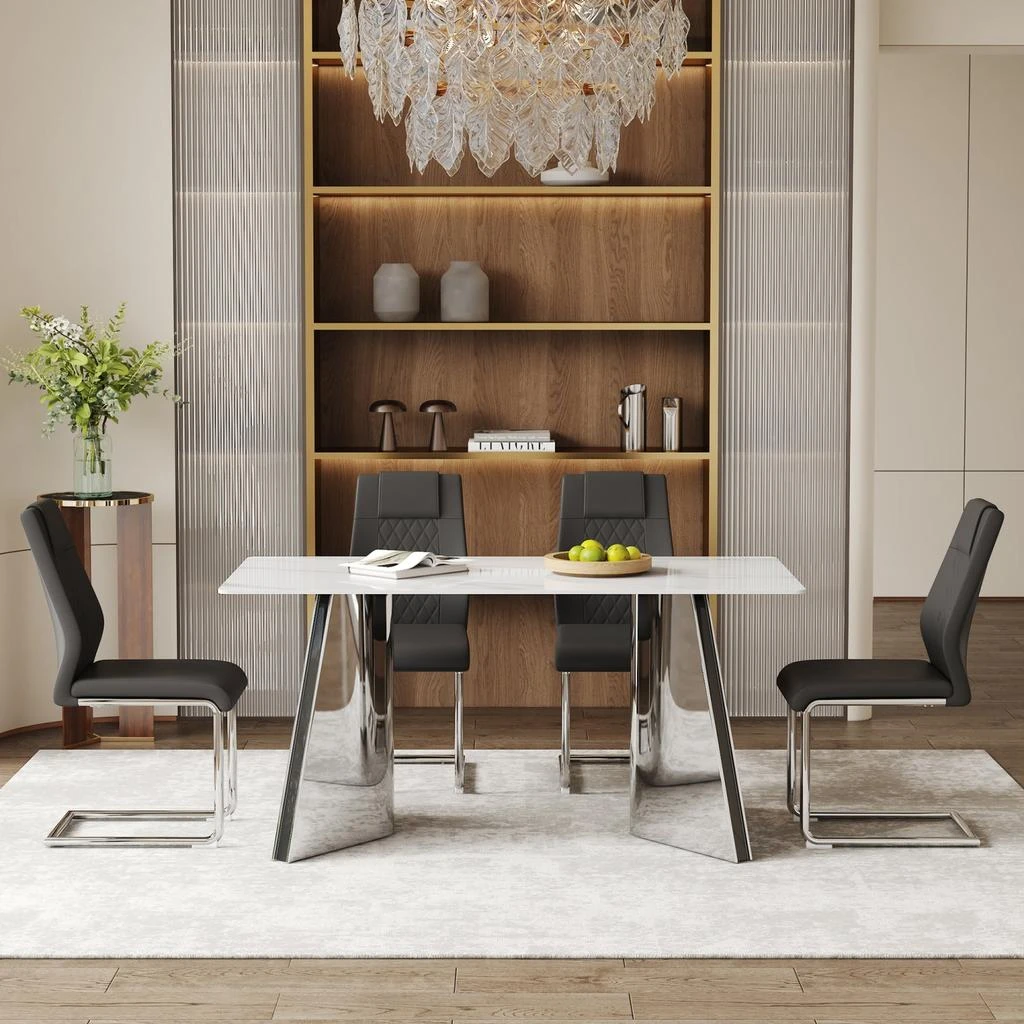 Streamdale Furniture Streamdale Snow Mountain Table 
4 Black PU Chairs 4