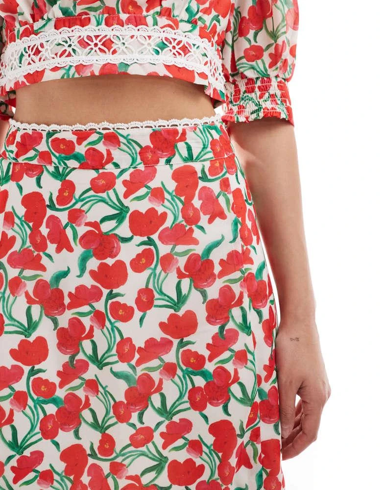 Hope & Ivy Hope & Ivy maxi skirt with thigh split in cherry print co-ord 5