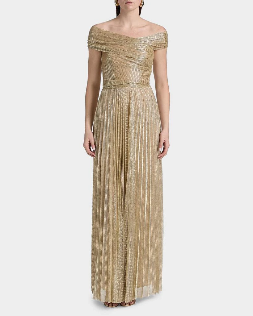 Talbot Runhof Metallic Pin Dot Pleated Off-The-Shoulder Gown 4