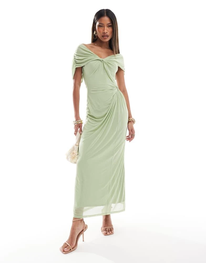 ASOS ASOS DESIGN mesh off shoulder twist bust detail midi dress in sage green 1