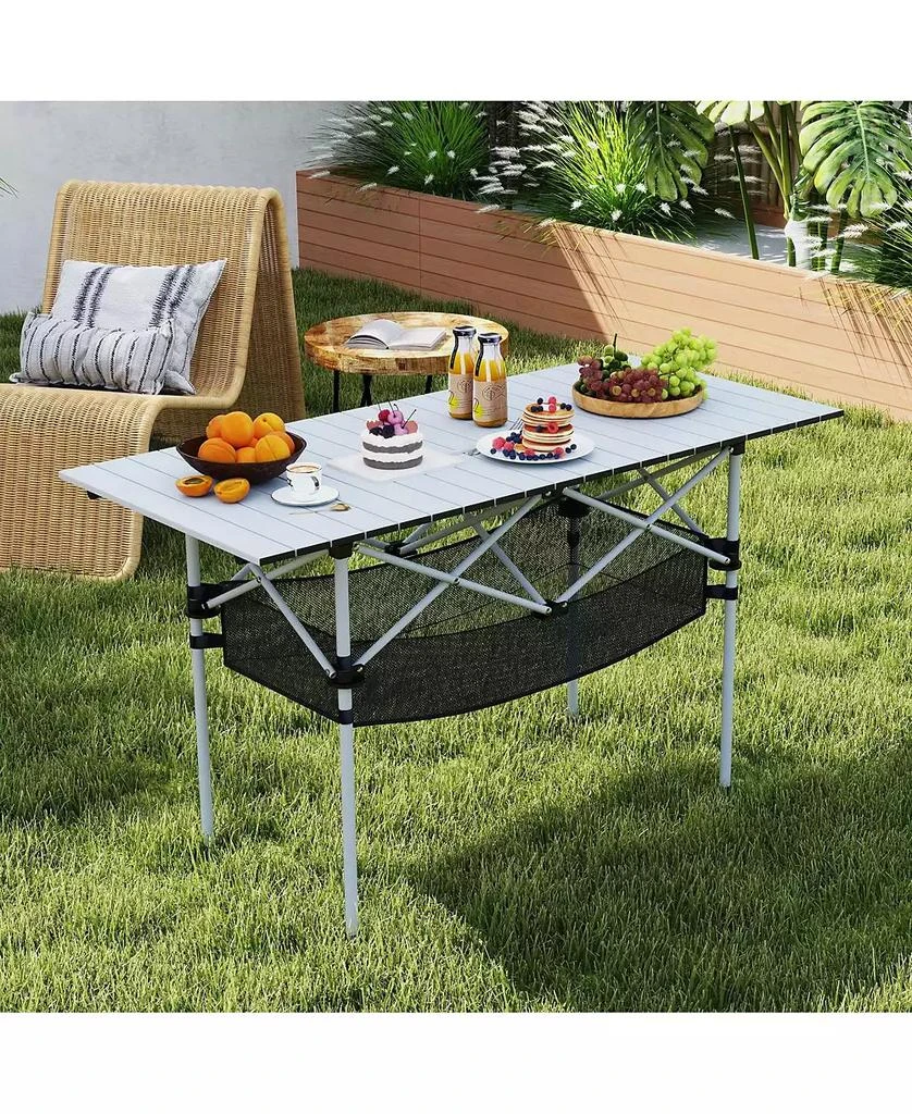 Mecale Portable Camping Table with Roll-Up Tabletop and Mesh Basket, Patio Outdoor Use 9