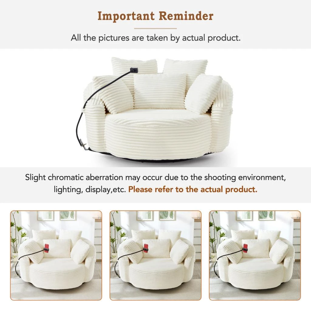 Streamdale Furniture Streamdale Beige Corduroy 360° Swivel Accent Barrel Chair with 5 Pillows 
Phone Holder 3