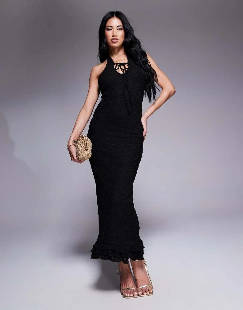 ASOS ASOS DESIGN lace plunge maxi dress with frill hem in black
