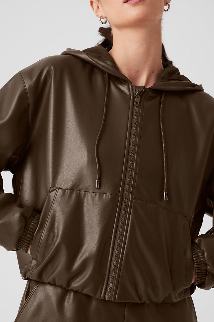 Alo Faux Leather Power Hour Full Zip Cropped Jacket - Espresso