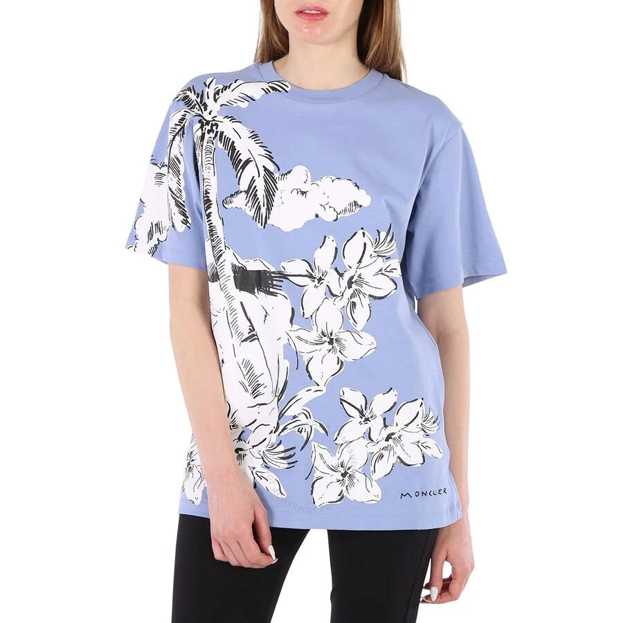 Moncler Light Blue Floral Print Cotton Crew Neck T-Shirt 1