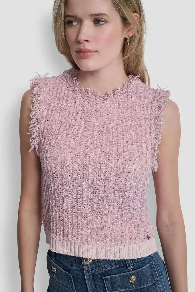 DKNY SLEEVELESS FRINGE TRIM SWEATER