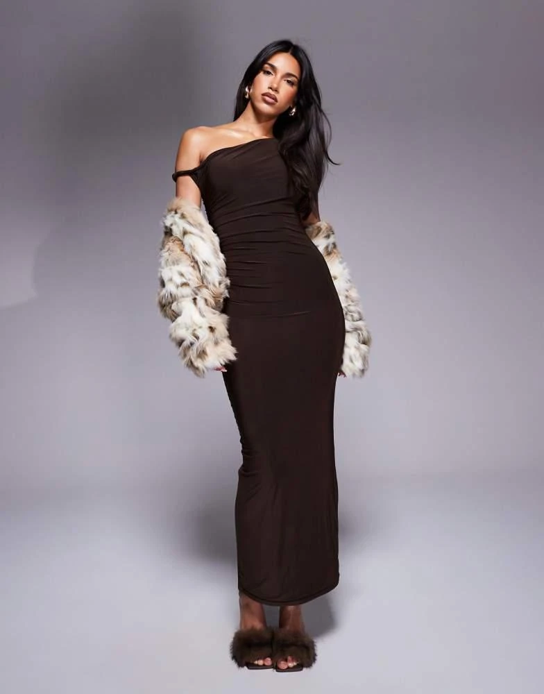 Kaiia Kaiia exclusive double layered slinky bodycon off shoulder twist strap maxi dress in chocolate brown 1