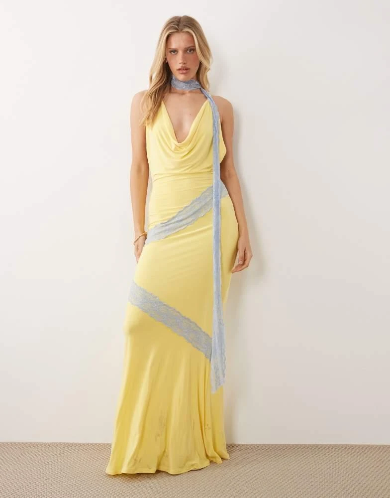 ASOS ASOS DESIGN lace cut about slinky maxi dress with scarf detail in lemon