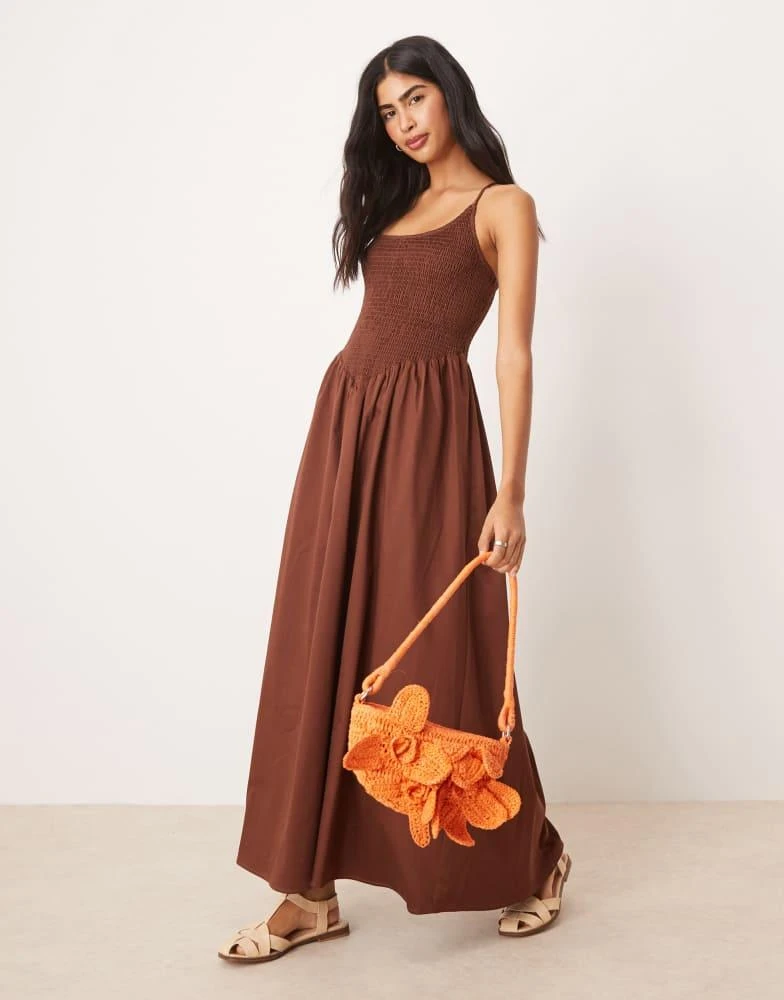 ASOS ASOS DESIGN scoop neck crinkle maxi dress with cross back in chocolate 1