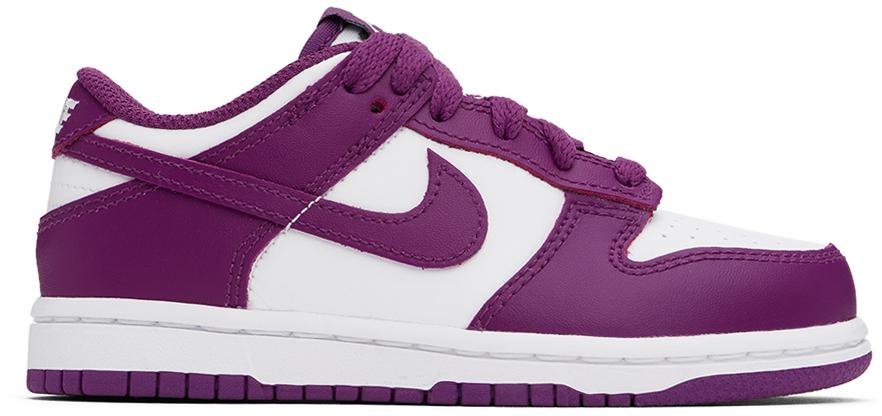 NIKE Little Kids White & Purple Dunk Low Sneakers