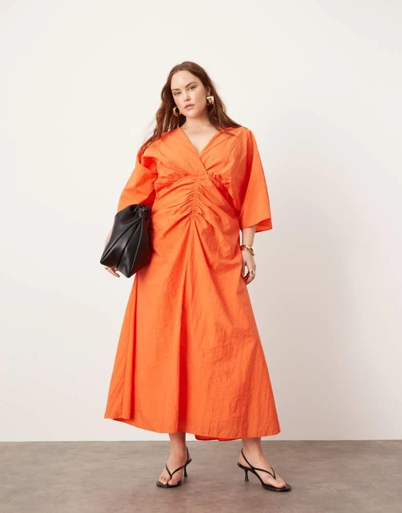 ASOS ASOS EDITION Curve textured wide sleeve midi dress with ruched waist in orange 1