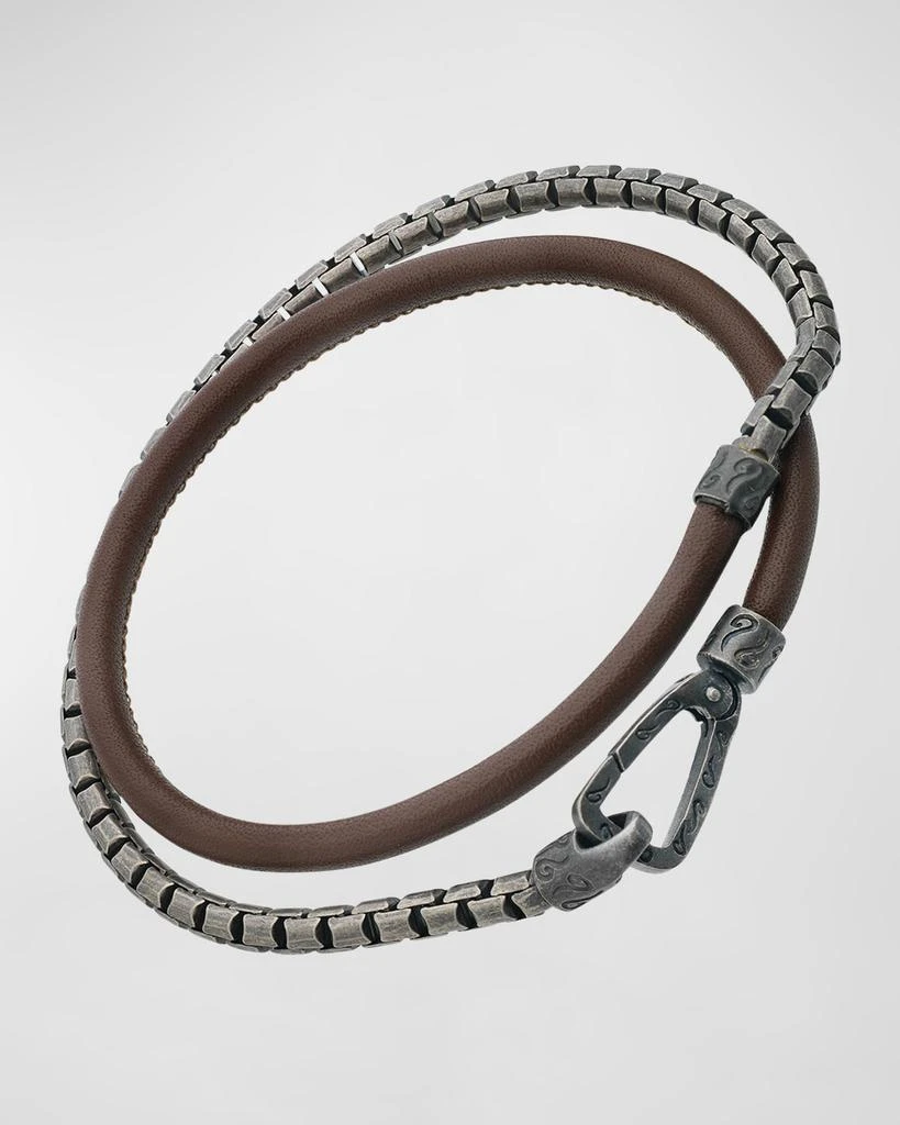 Marco Dal Maso Men's Double Mix Brown Smooth Leather and Oxidized Silver Chain Bracelet 1