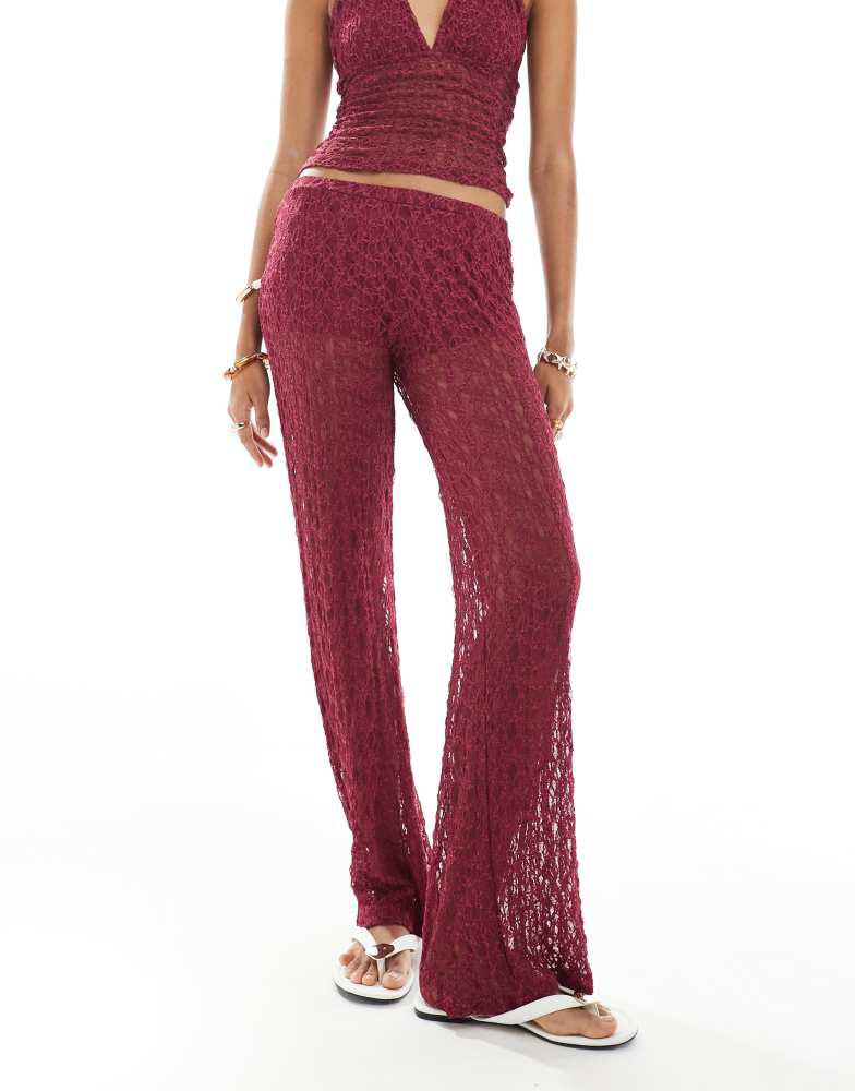 Pull&Bear Pull&Bear lace wide leg trouser co-ord in burgundy