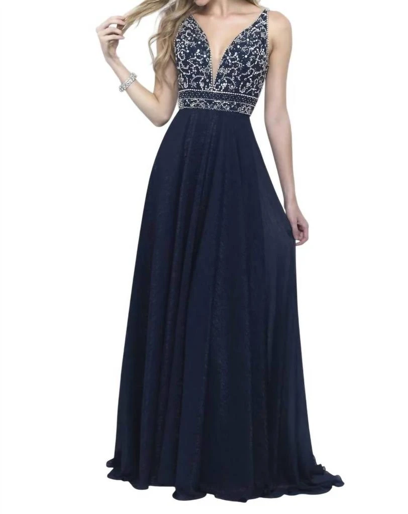 Shop Metallic Chiffon Deep V-Neck Evening Dress In Navy on Sale at  BeyondStyle  Get 48% Off Metallic Chiffon Deep V-Neck Evening Dress In Navy  with Limited-Time Flash Deals, Exclusive Discounts, and