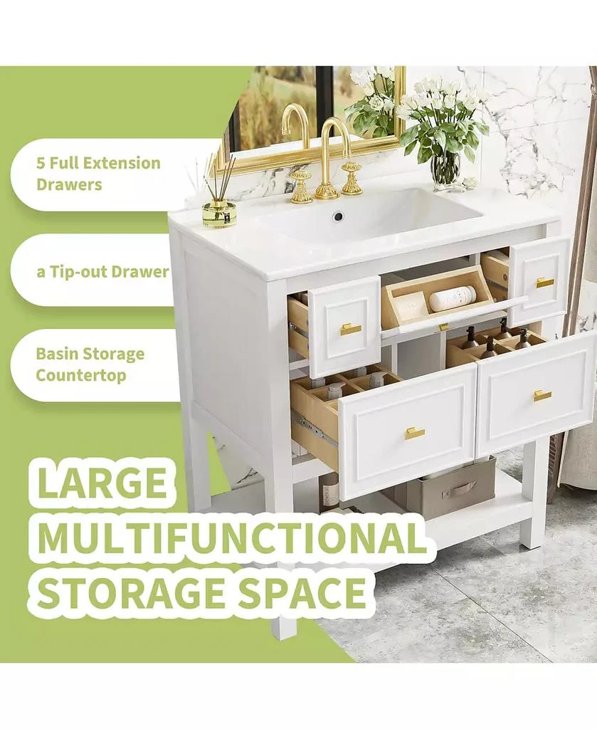 CASAINC 30-Inch Bathroom Vanity with Ceramic Sink Combo, Freestanding Single Vanity, 5 Drawers 
Solid Wood Storage 5