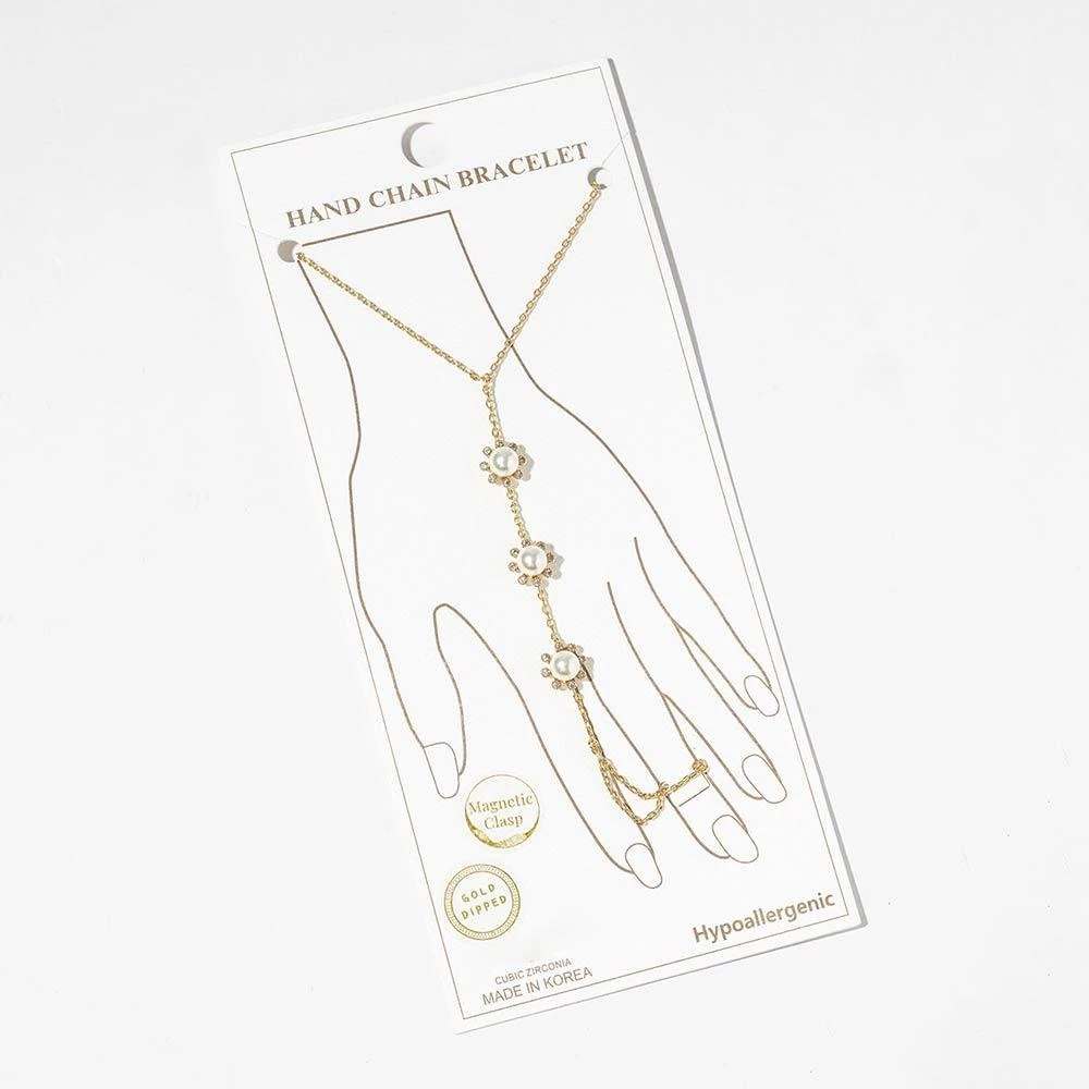 FASHNZFAB Gold Dipped CZ Pearl Flower Link Hand Chain Magnetic Bracelet 2