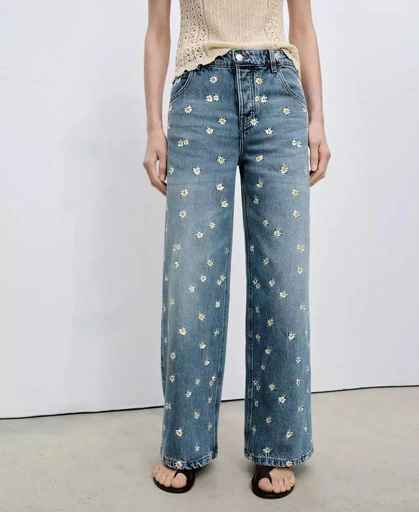 Mango Women's Flower-Embroidered Wide Leg Jeans 2