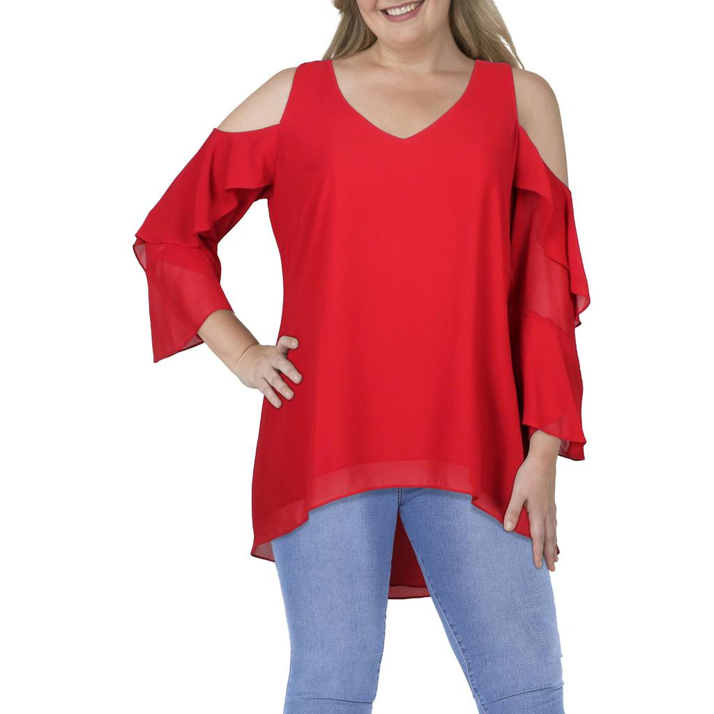 City Chic Plus Womens V-Neck Cascade Ruffle Cold Shoulder