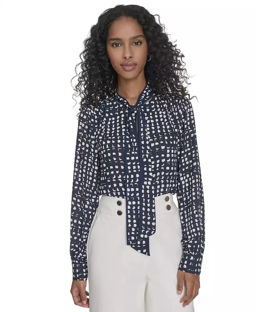 Calvin Klein Petite Printed Long Sleeve Tie-Neck Blouse 1