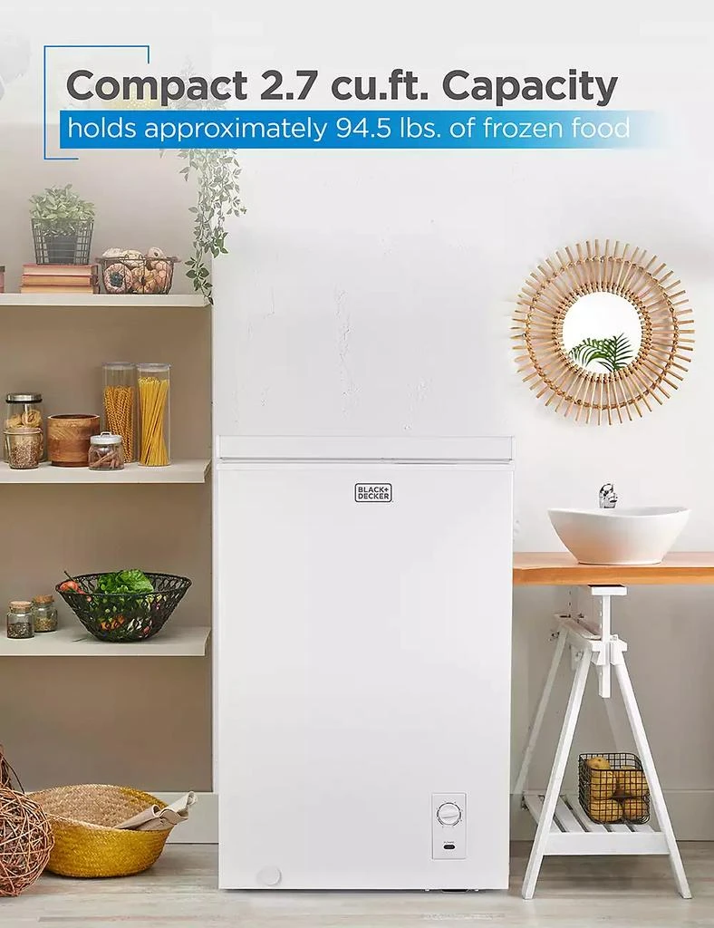 Black & Decker BLACK+DECKER 2.7 Cu. Ft. Compact Chest Freezer, Deep Freezer Holds Up To 94.5 Lbs. of Frozen Food, Removable Storage Basket, Mechanical Temperature Control, Manual Defrost, R600a Refrigerant, BCFK726, White 2