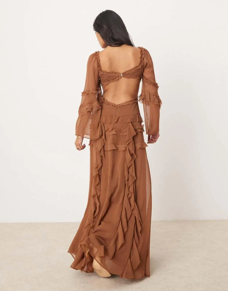 ASOS ASOS DESIGN Petite ruffle v neck long sleeve maxi dress in brown 2