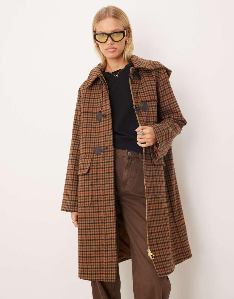 Shop Barbour Melody check wool duffle coat in brown/orange check