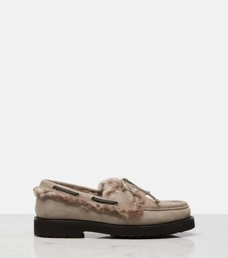 Brunello Cucinelli Monili shearling-trimmed suede boat shoes 4