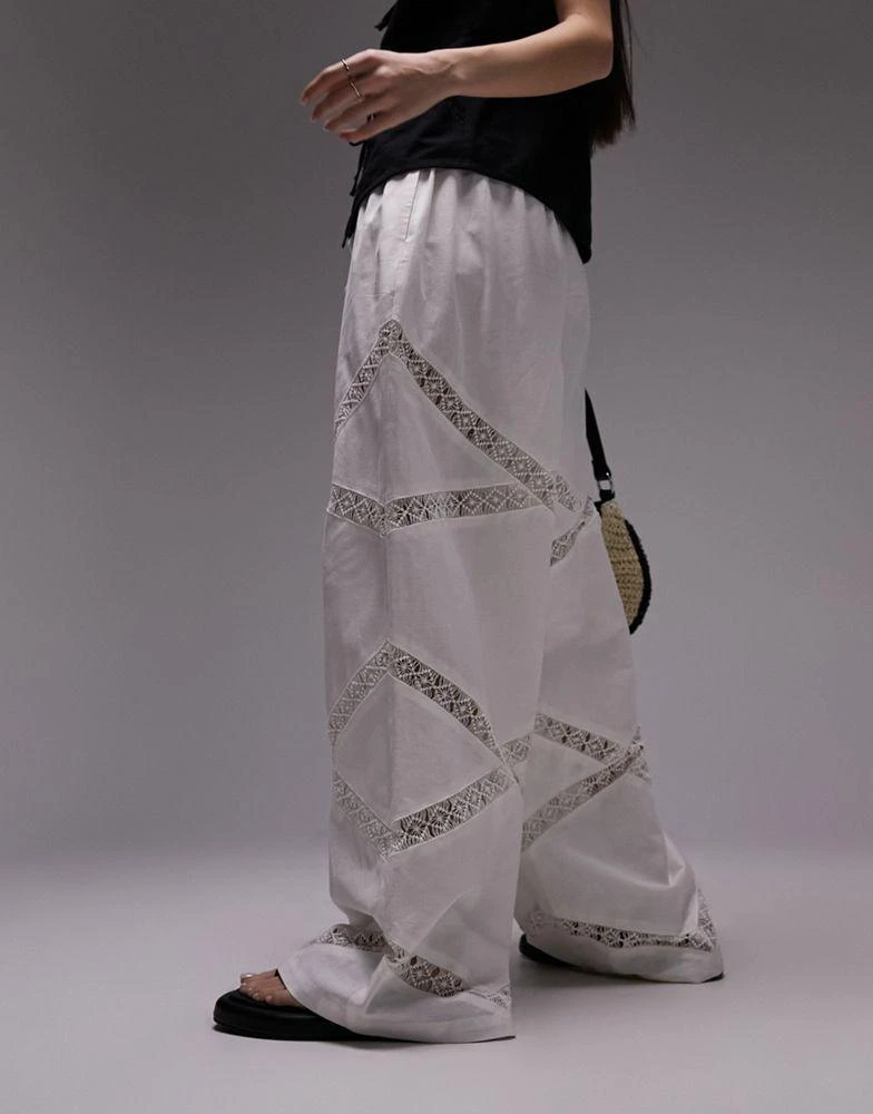 Topshop Topshop linen lace insert elasticated wide leg trouser in white 2