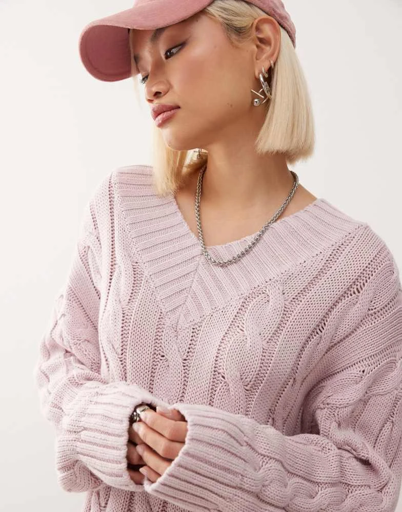 Monki Monki oversized v neck chunky cable knit jumper in light