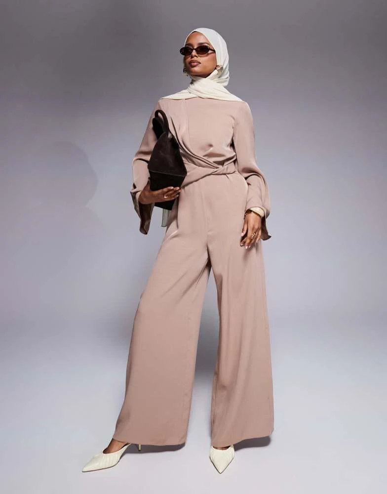 ASOS ASOS DESIGN twist front wide leg jumpsuit in camel from ASOS