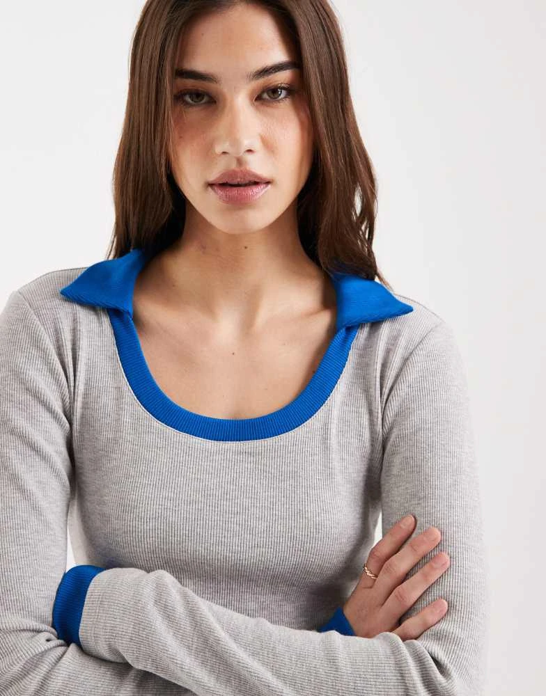 ASOS ASOS DESIGN collar with scoop neck long sleeve double layer top in grey and blue