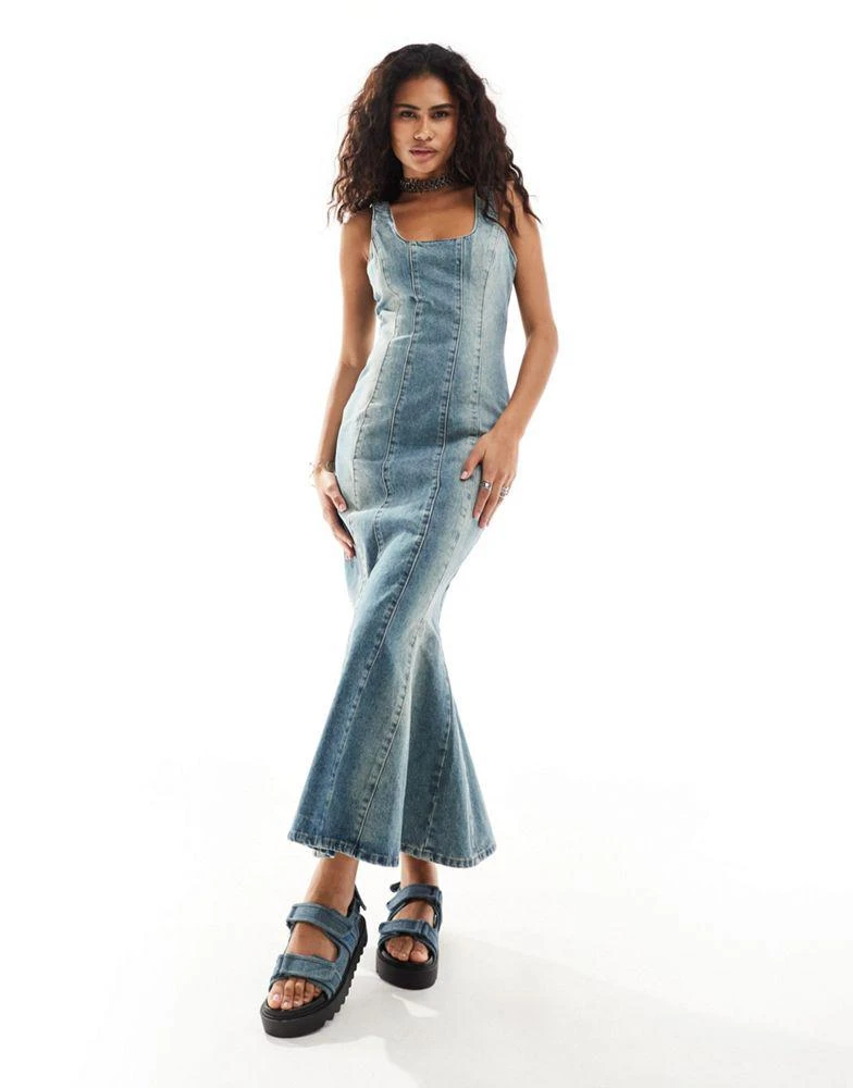 The Ragged Priest The Ragged Priest fitted 90s maxi denim dress in overdye blue 4