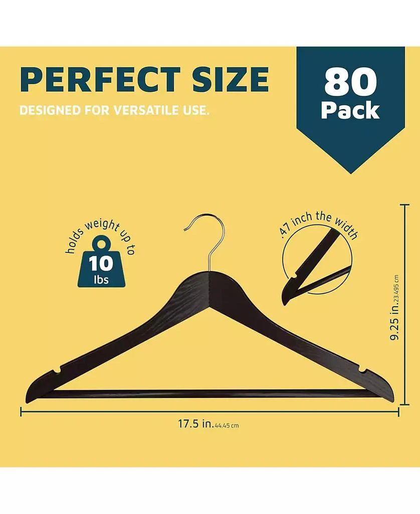 Lifemaster 80-pack brown wooden hangers with 360° swivel hook, non-slip notches, and pants bar. Supports up to 10 lbs—ideal for suits, dresses 
coats 2